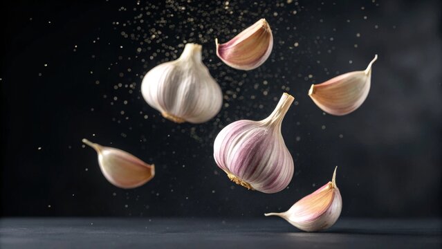 Dramatic floating garlic cloves photography indoor studio setup high-impact visuals culinary art close-up perspective eye-catching display for food enthusiasts and photographers