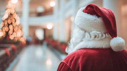 Santa Claus looking at a beautifully decorated Christmas tree, symbolizing the spirit of giving and joy during the holiday season.