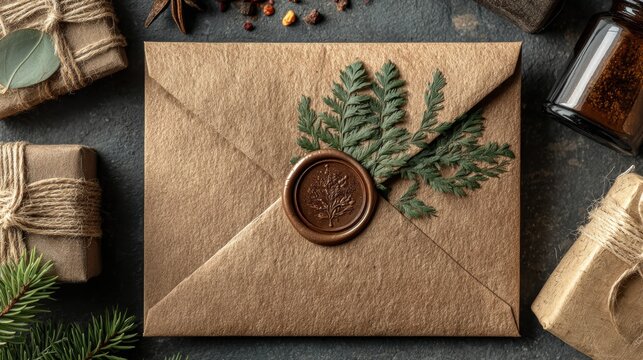 A beautifully styled envelope with a wax seal and natural elements, perfect for showcasing eco-friendly gift wrapping ideas.