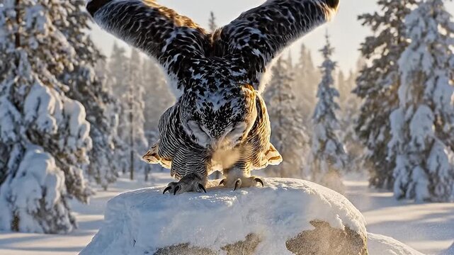 A majestic large owl, with striking patterned plumage, gracefully lands or takes off from a snow-covered rock in a pristine winter forest. Its powerful wings are spread wide in motion, creating a dram