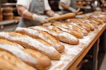 A bustling bakery scene with a variety of freshly baked bread and pastries displayed on a long counter.