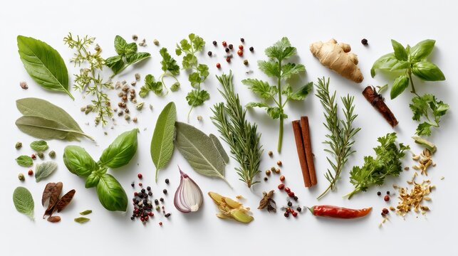 Fresh herbs and spices isolated on a white background in a bright studio still life