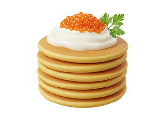 Stack of Pancakes with Caviar and Sour Cream Isolated on Transparent Background PNG Delicious Breakfast Food Dessert