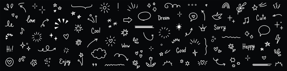 Line arrow, star, heart cute icon elements. Hand drawn sketch heart, arrow, star, flower decoration symbols. Simple sketch line style emphasis, attention, graphic elements. Vector illustration