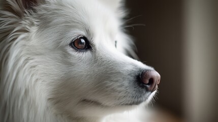 Gentle white dog portrait featuring plush fur and warm eyes against a soft background