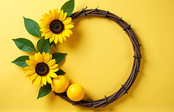 round wooden wreath adorned bright yellow sunflowers juicy lemons lush greenery warm backdrop flat