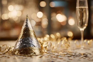 Glittering Metallic Party Hat for New Year Celebration with Confetti and Soft Lighting