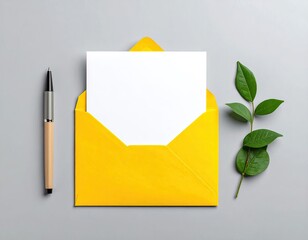 Letter in yellow envelope with pen and leafy sprig