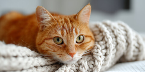 Close-up of an orange cat resting on a soft knitted blanket indoors