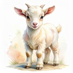 Fototapeta premium Cute baby goat with soft white fur and bright eyes standing happily in light watercolor farm scene 