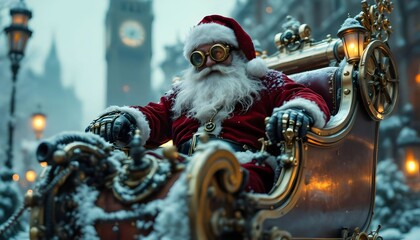 Festive Santa Claus in a winter wonderland with ornate sleigh surrounded by snow and charming street lamps at night during the Christmas season Generative AI