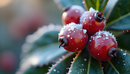 Close-up of frosty red berries on green leaves in winter sunlight.