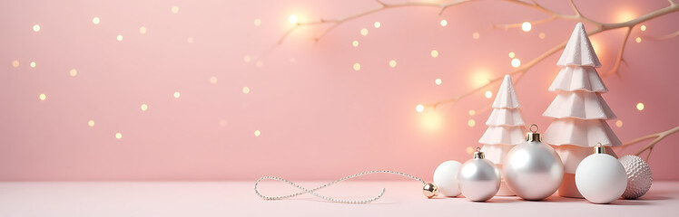 pastel pink background glows softly warm golden light set delicate holiday scene featuring minimalist white silver new