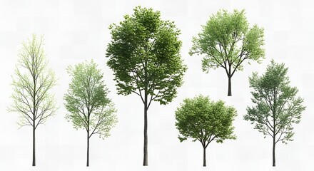 Lush green trees collection with various foliage types and seasons