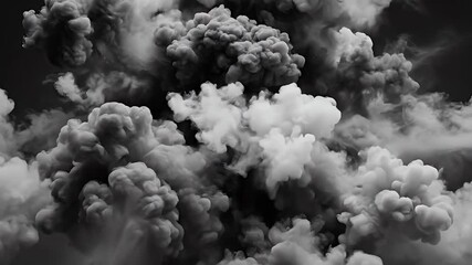 A massive, dynamic plume of smoke and dust billows upwards and expands rapidly, filling the frame with intense visual energy. Rendered in powerful grayscale tones, the dramatic cloud features varying - Powered by Adobe