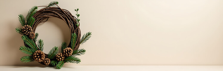 minimalist winter scene featuring rustic christmas wreath crafted twisted evergreen branches pinecones delicate foliage set