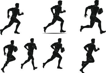 Football player running with ball, athlete silhouettes, sports action, dynamic motion, strength flat vector illustration