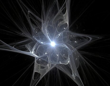 Geometric fractal forms a luminous, star-like burst of light on black - Powered by Adobe