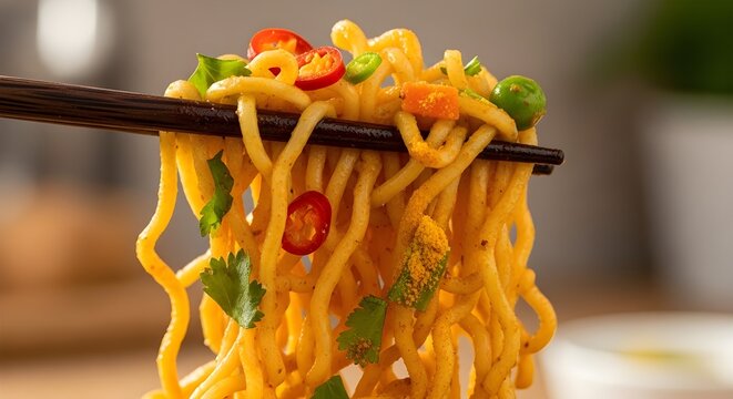 Spicy Maggi Curry Noodles in High-Detail Close-Up