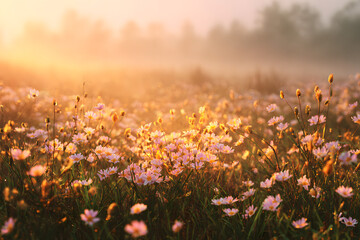 flower meadow glowing in warm sunrise light with soft mist and gentle rays creating a calm cinematic spring atmosphere