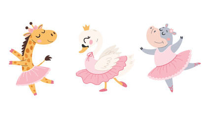 A cute animals is doing ballet. Vector in a cute children's style.
