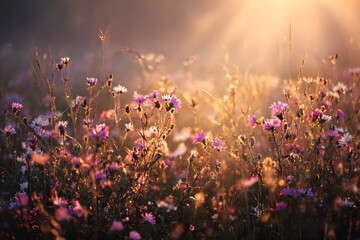 flower meadow glowing in warm sunrise light with soft mist and gentle rays creating a calm cinematic spring atmosphere