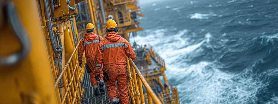 Workers in Safety Gear Walking on Offshore Platform During Stormy Weather at Sea