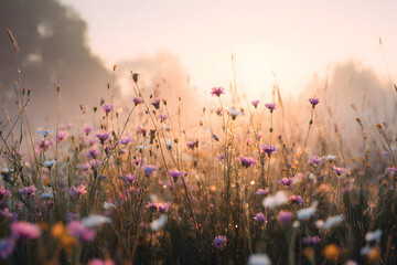 flower meadow glowing in warm sunrise light with soft mist and gentle rays creating a calm cinematic spring atmosphere