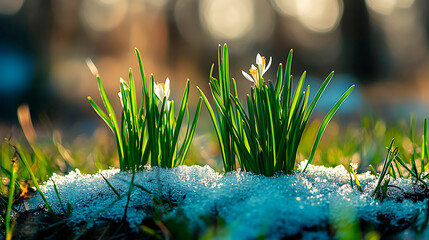 Crocus flowers pushing through patches of glistening melting snow while fresh green grass emerges, signaling the arrival of spring