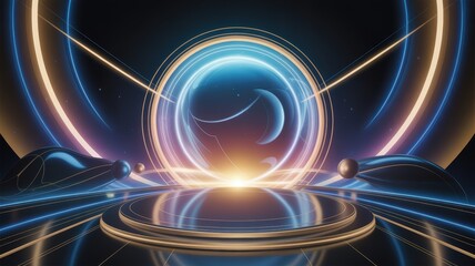 Immersive futuristic platform with glowing spheres and elegant neon accents for a modern product showcase, captivating the imagination with sleek design