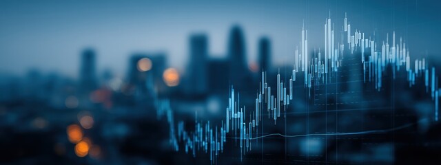 Urban Landscape with Financial Chart Overlay Illustrating Market Trends and Data Visualization