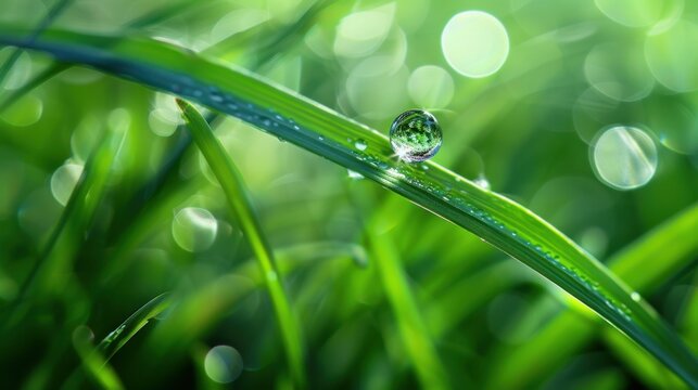 Close-up of a water droplet on a green grass blade with blurred green background, representing nature and freshness.