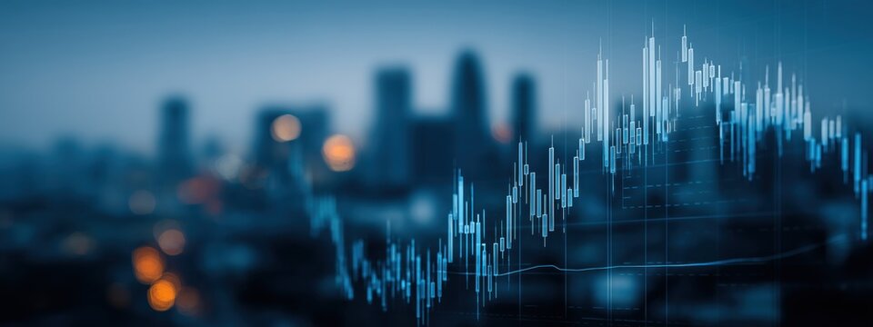 Urban Landscape with Financial Chart Overlay Illustrating Market Trends and Data Visualization