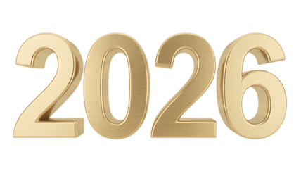 Three-dimensional golden numbers spelling out the year 2026 against a stark black background.