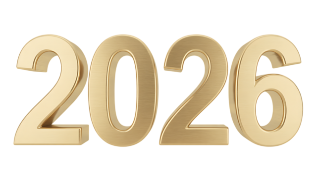 Three-dimensional golden numbers spelling out the year 2026 against a stark black background.