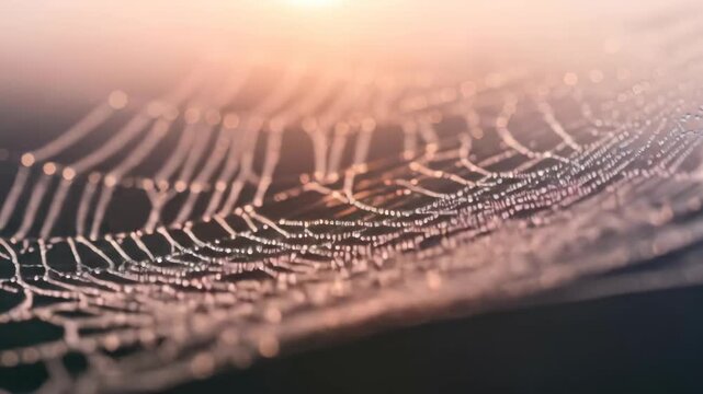 Spiderweb with dew drops glistens in the morning light, a beautiful natural scene.