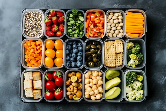 Variety of fresh ingredients in lunchbox containers, organizing healthy snacks and meals for weekly planning