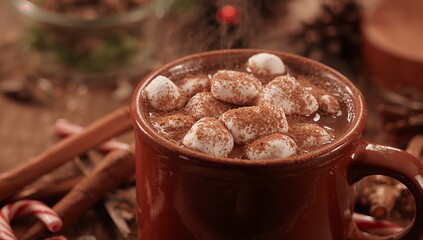 Warm mug of Hot Christmas chocolate with marshmallows and cinnamon sticks  
