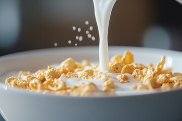 A bowl of cereal with milk being poured into it.