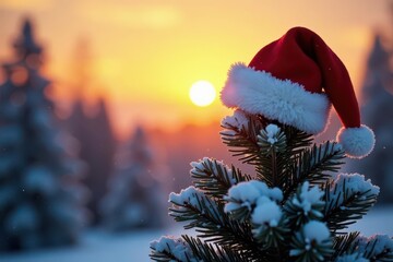 A jolly red Santa hat perched atop a snow-dusted Christmas tree at sunset , image, outdoor, nature