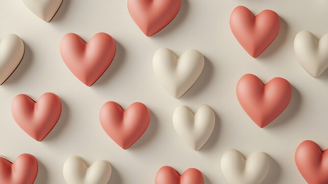 Pastel pink and white hearts creating a seamless pattern on a neutral background, symbolizing love, romance, and connection