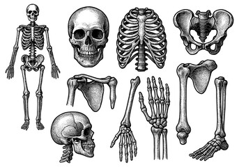 Detailed engraving anatomy of human skeleton and bones