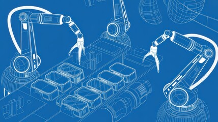 Dynamic blueprint of robotic arms working on assembly line, conveying innovation and precision for engineering, automation, and technology companies
