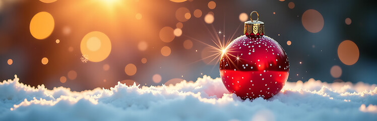 lone vibrant red glass ornament perches delicately atop surface surrounded explosion warm light festive cheer
