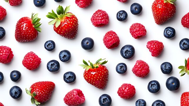 Fresh strawberries, blueberries, and raspberries scattered on a white background, forming a colorful, appealing texture