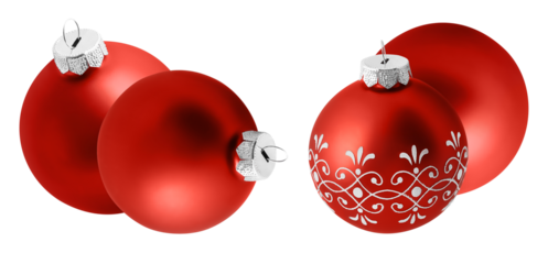 festive red christmas baubles, two plain and two decorated with intricate white holiday patterns, isolated on black.