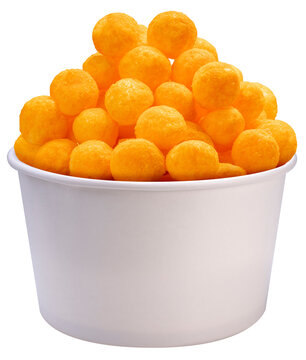 Puffed Cheese ball in paper bucket on white background, Cheese ball or cheesy puffs isolate on white With clipping path PNG File.