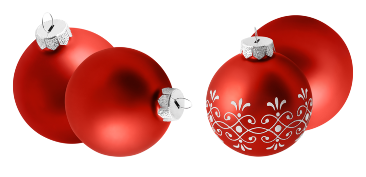 festive red christmas baubles, two plain and two decorated with intricate white holiday patterns, isolated on black.