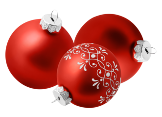trio of vibrant red christmas baubles, including one decorated with classic white scrolling patterns, isolated for holiday design.
