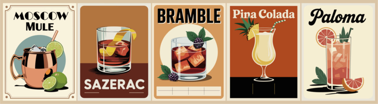 Vintage cocktail poster series of Moscow Mule, Sazerac, Bramble, Pi&ntilde;a Colada, and Paloma in retro Art Deco style, bold typography, clean lines, and colorful illustrations